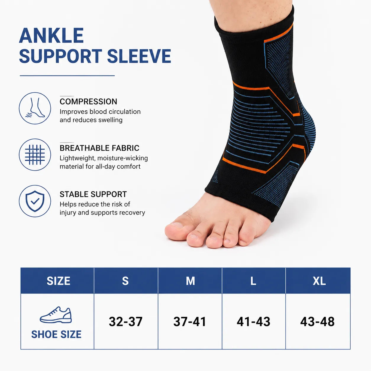 Chaussette de compression pour fasciite plantaire avec guide des tailles et compression ciblée offrant soutien, stabilité et confort de la cheville et de la voûte plantaire.