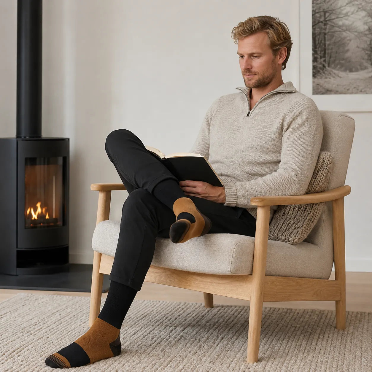 Homme assis dans un fauteuil portant des chaussettes de compression noires avec pied renforcé pour le confort et le soutien au quotidien.