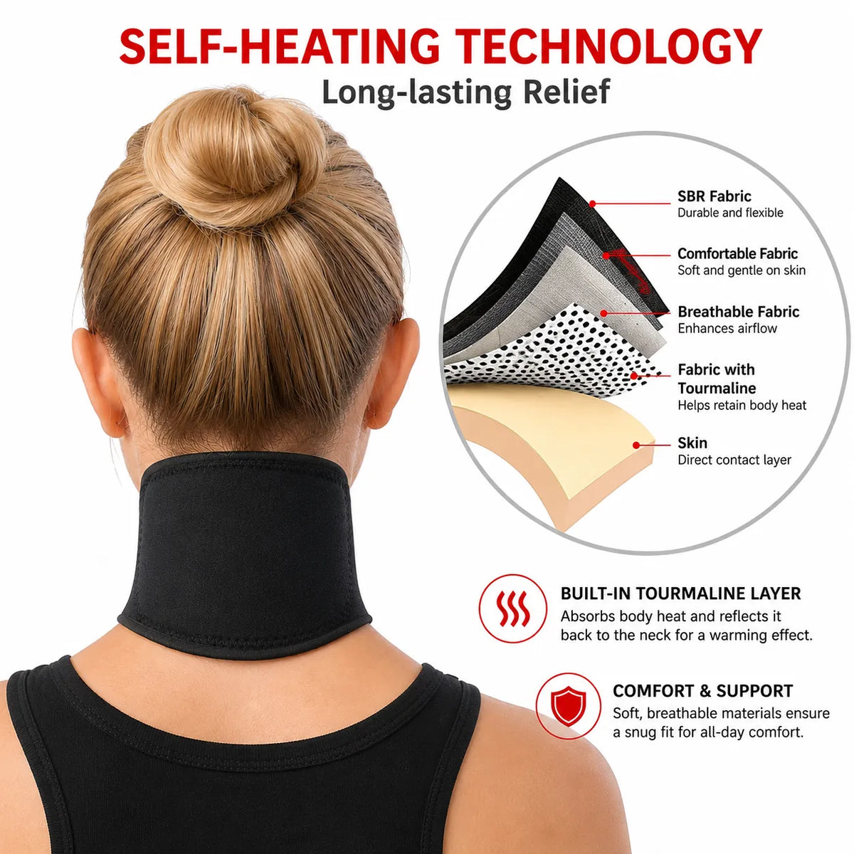 Infographie montrant les couches de matière et les propriétés thermiques du protège-nuque pour plus de confort et de protection contre le froid.