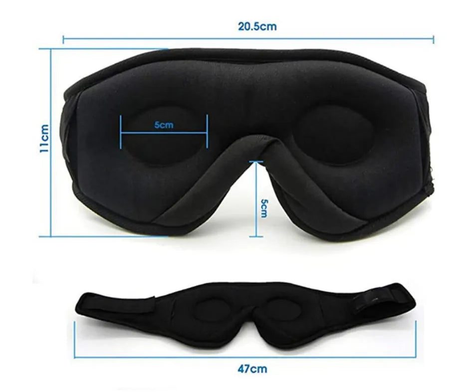 Masque de sommeil avec écouteurs intégrés et mesures indiquant la taille et l'ajustement pour un sommeil confortable et une bonne isolation phonique.