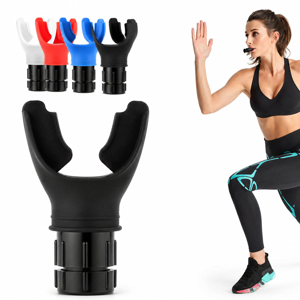 Entraîneur respiratoire avec embouts interchangeables et femme pendant l'entraînement.