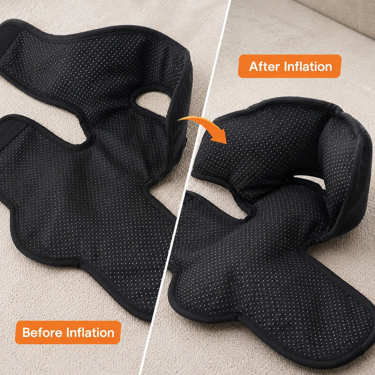 Avant et après la compression d'air dans les coussins gonflables de l'appareil de massage de la cheville