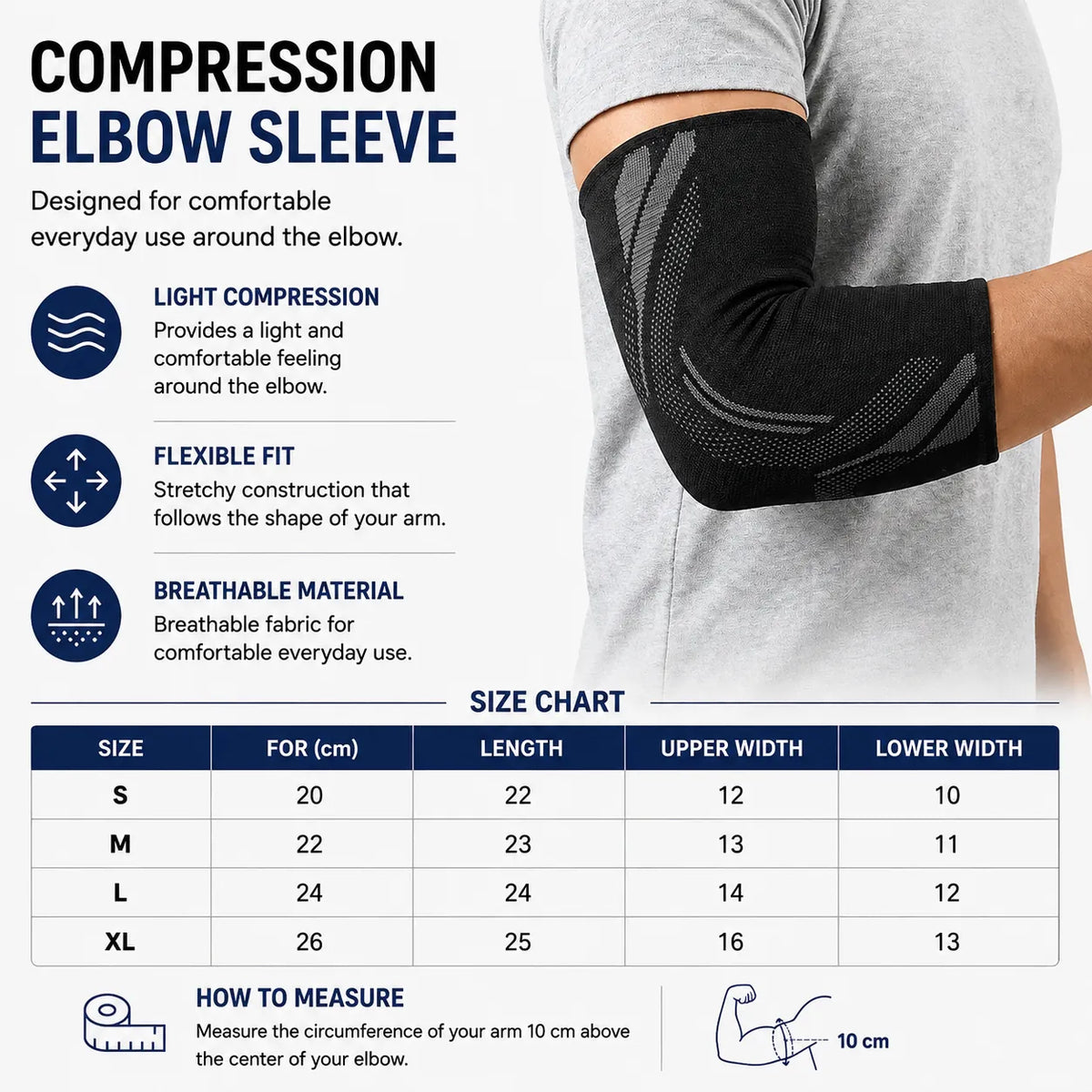 Coudière élastique à légère compression, avec guide des tailles et mesures pour un ajustement confortable.