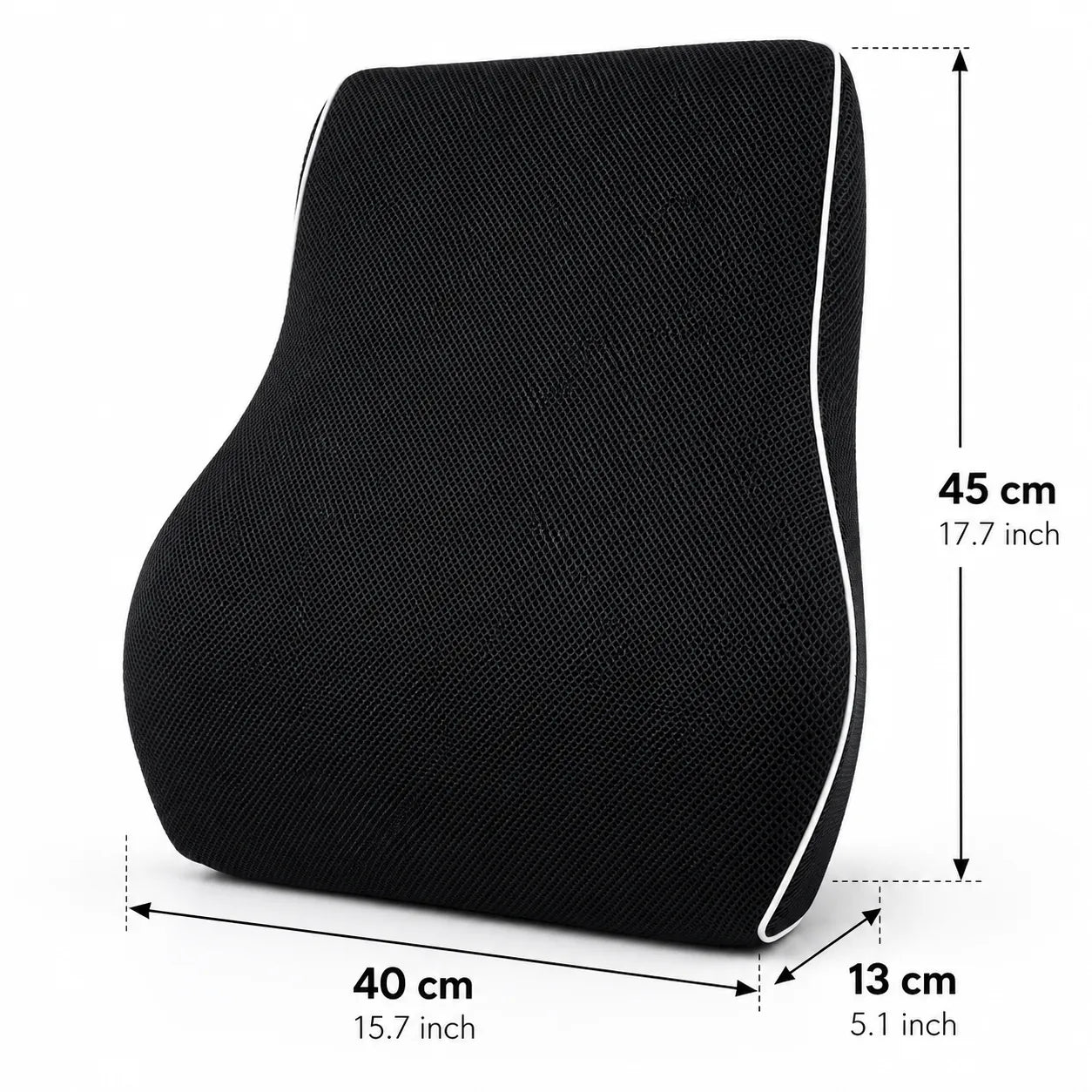 Coussin de soutien lombaire ergonomique avec dimensions et guide des tailles.