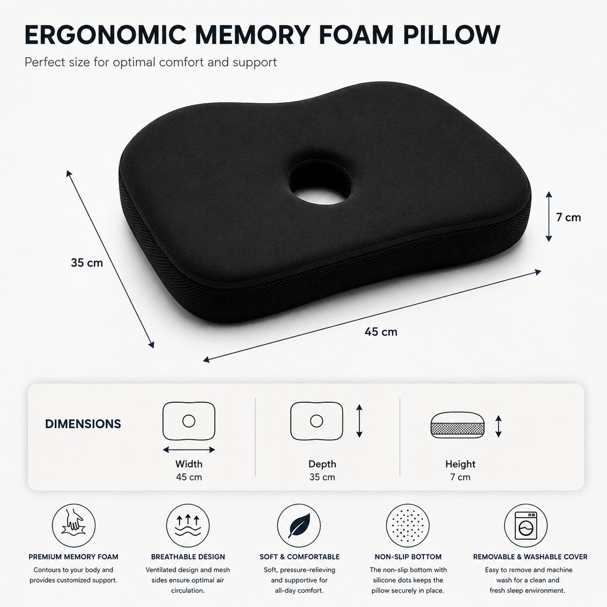 Taille du coussin ergonomique en mousse à mémoire de forme