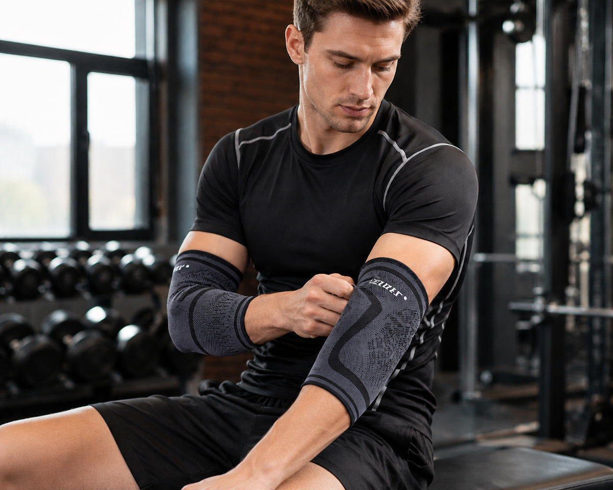 Homme portant une coudière de compression pendant un entraînement en salle de sport.
