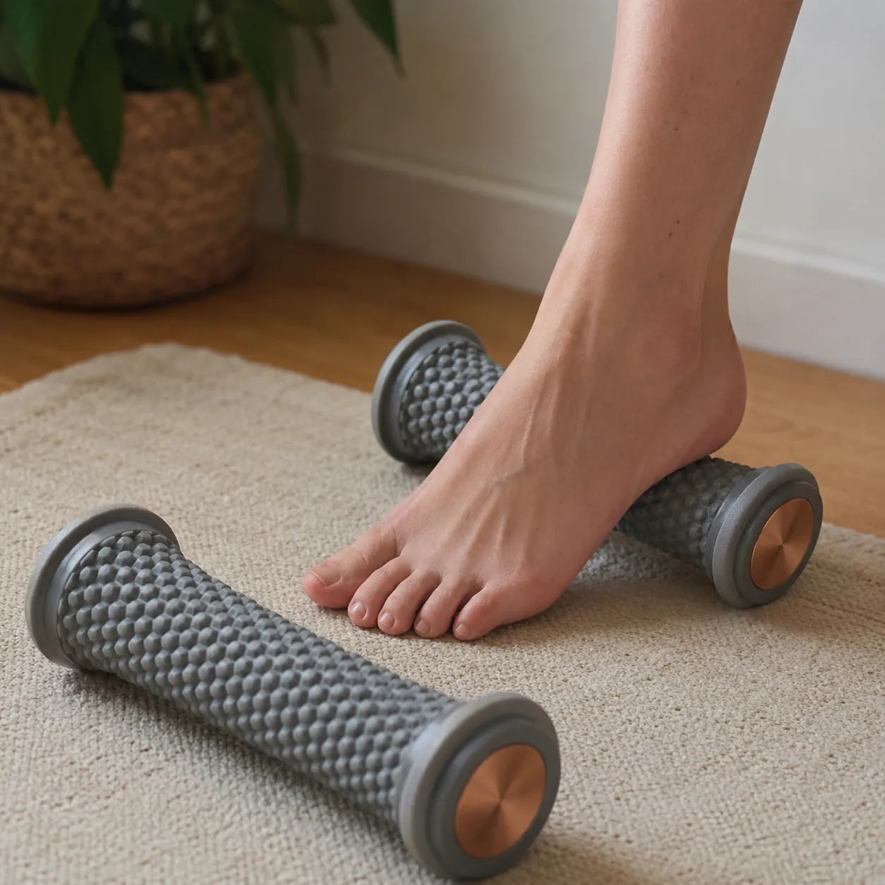 Personne utilisant des rouleaux gris de massage et de points de pression pour le pied, pour la détente et une meilleure circulation, en intérieur sur un tapis beige.