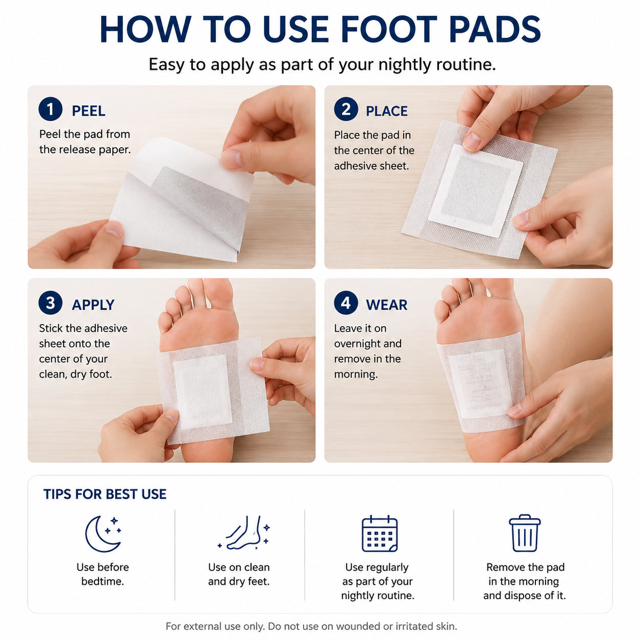 Guide pas à pas montrant comment appliquer des patchs pour les pieds sur des plantes de pieds propres et sèches avant une utilisation nocturne.