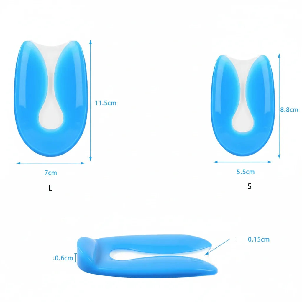 Image des tailles de la talonnette en silicone avec zone de soulagement, en tailles S et L.