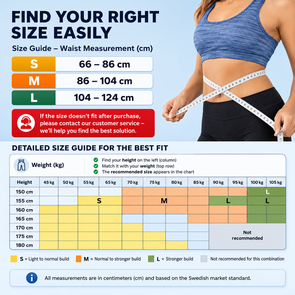 Guide des tailles pour le gilet de posture noir avec mesure de la taille et taille recommandée en fonction de la longueur et du poids.