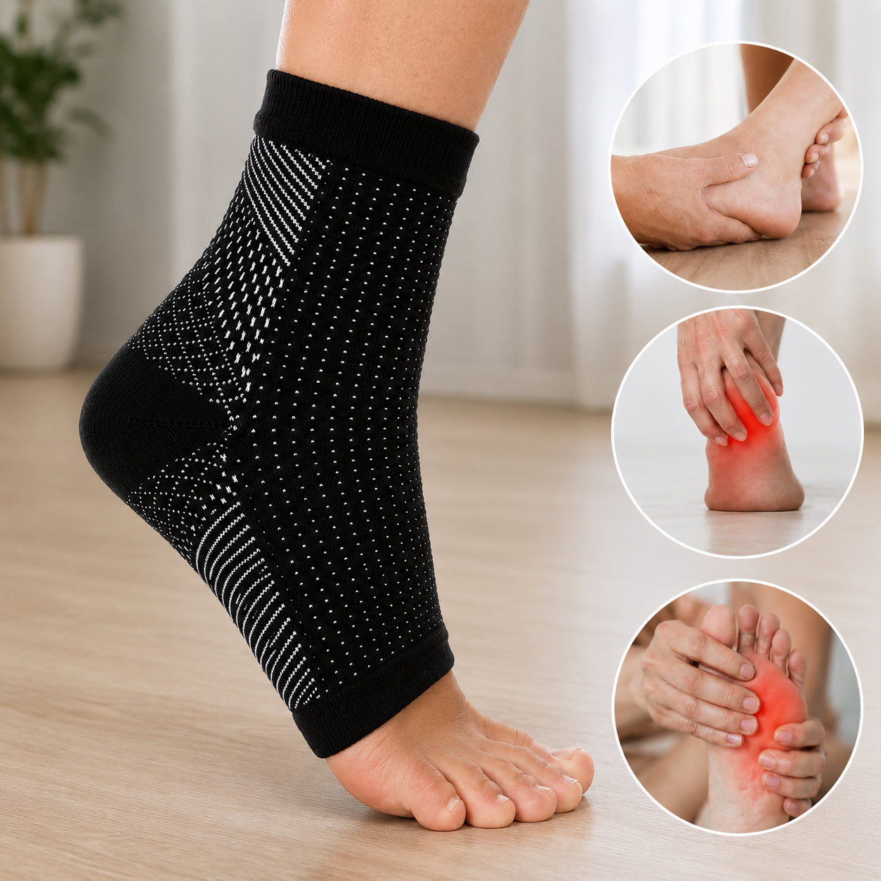 Chaussettes de compression pour épine calcanéenne avec illustration des zones fréquentes de douleur au talon et au pied.
