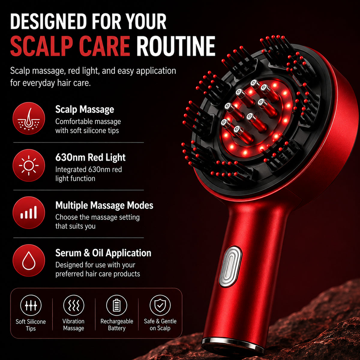 Massage du cuir chevelu avec une lumière rouge de 630 nm, des pointes en silicone doux, un massage par vibrations, plusieurs modes de massage et l'application de sérum ou d'huile.
