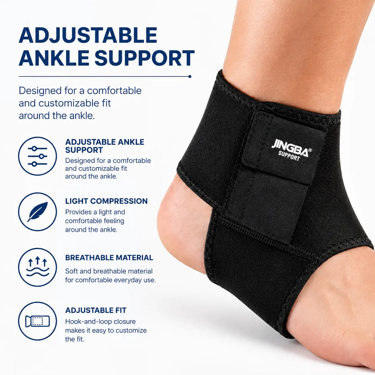Chevillère noire réglable à talon ouvert, légère compression et matière respirante.