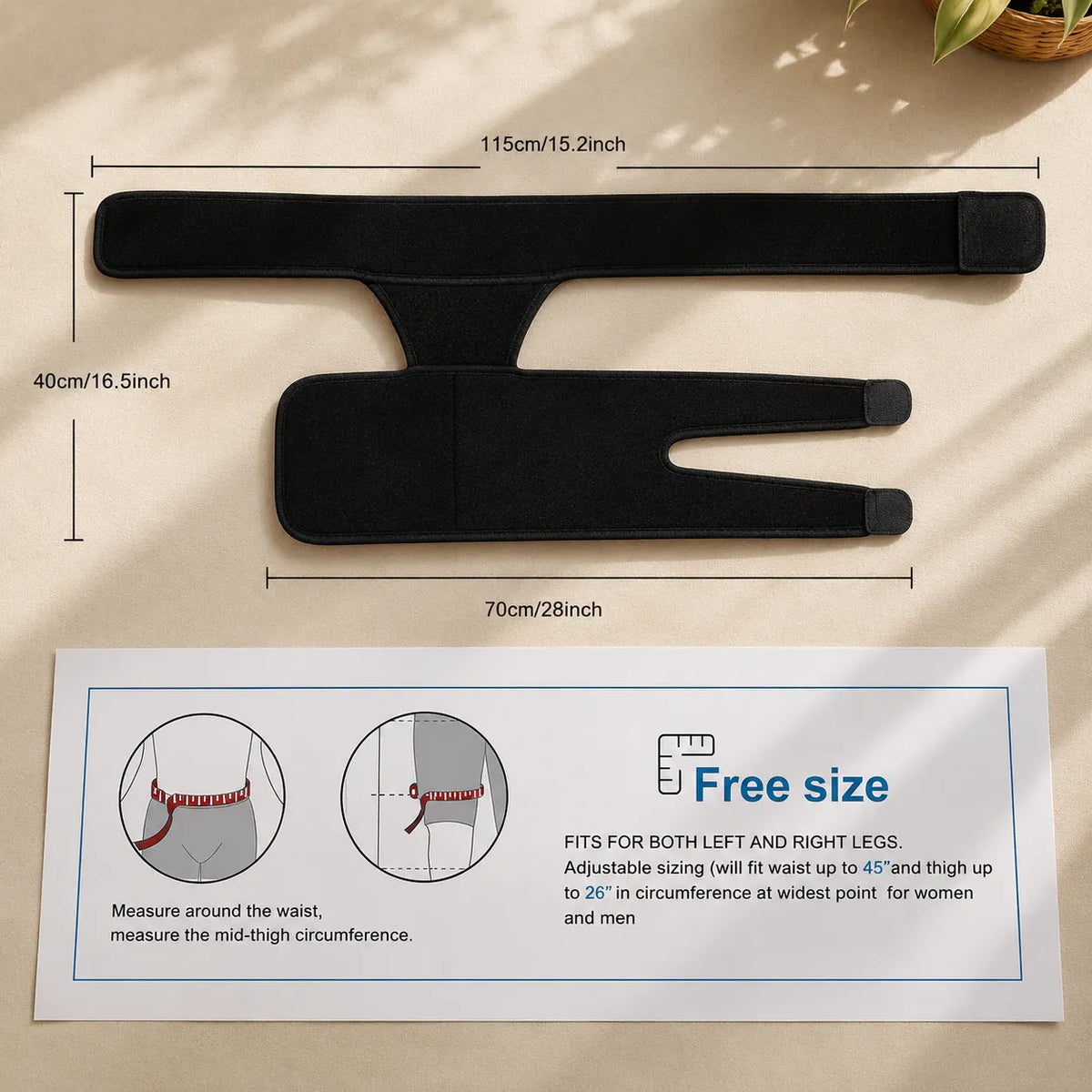 Guide des mesures pour le soutien de hanche en néoprène, avec dimensions du produit et instructions pour la passform ajustable.