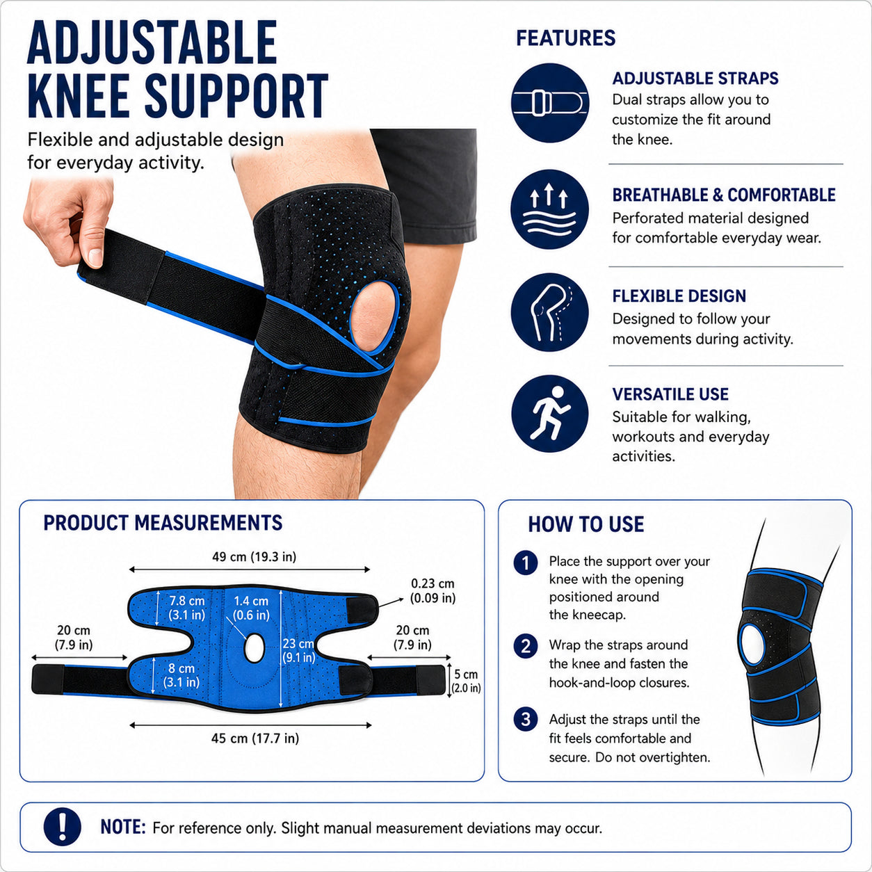 Infographie d’une genouillère réglable à doubles sangles, avec dimensions du produit, caractéristiques et instructions d’utilisation.