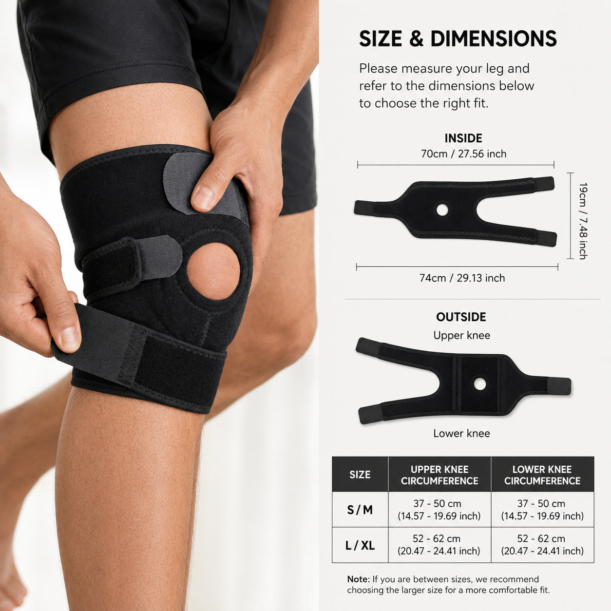 Guide des tailles pour genouillère réglable à rotule ouverte avec dimensions du produit et tours de genou recommandés pour un bon ajustement.