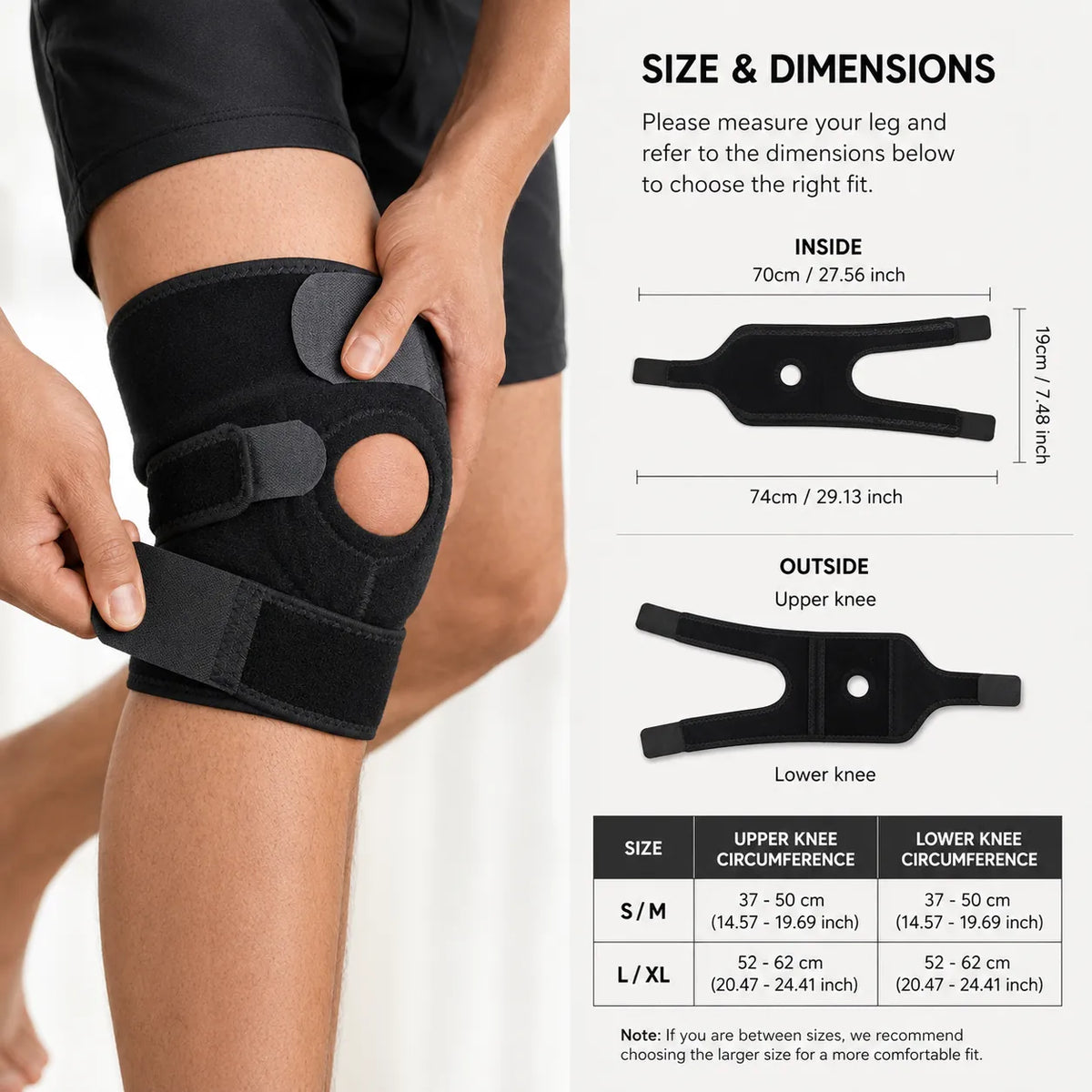 Guide des tailles pour genouillère réglable à rotule ouverte avec dimensions du produit et tours de genou recommandés pour un bon ajustement.