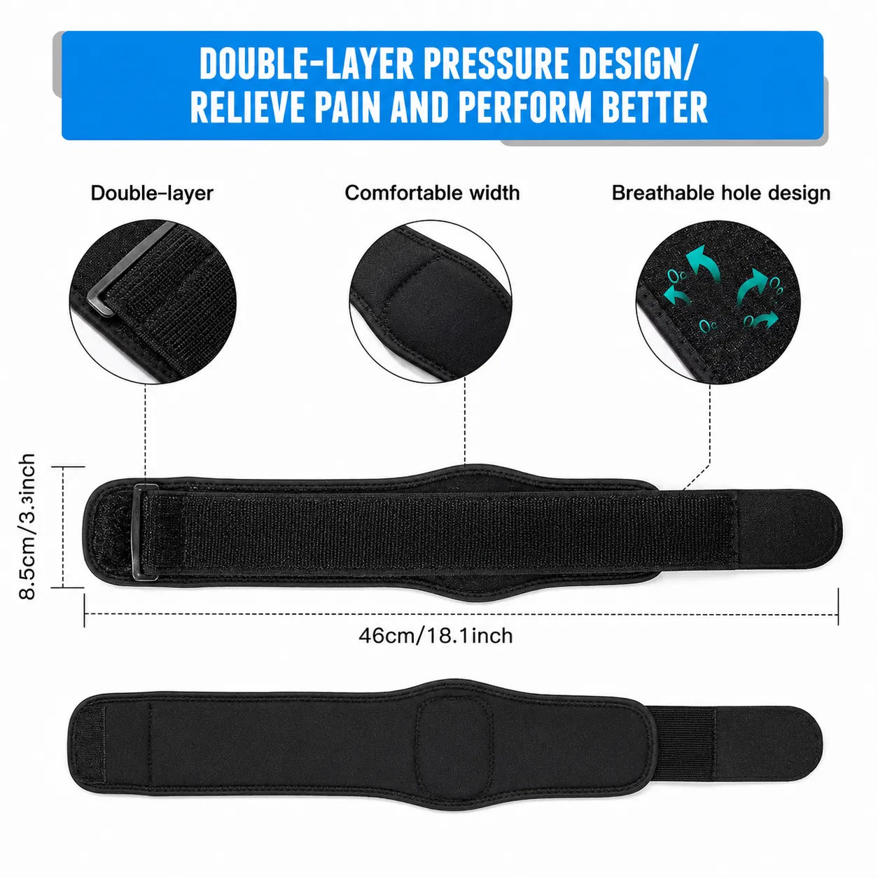 Coudière réglable pour épicondylite (tennis elbow) avec double système de compression, matière respirante et soutien ciblé pour plus de stabilité et de confort.