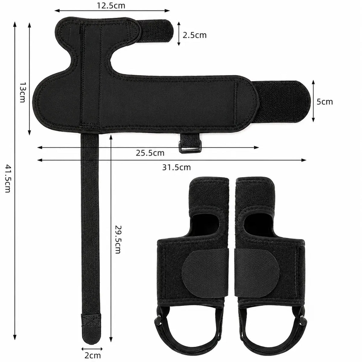 Guide des tailles montrant les dimensions et le design du produit pour attelle de nuit pour hallux valgus avec bandes velcro réglables.