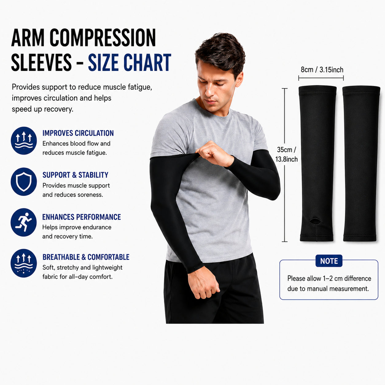Présentation du produit et mesures pour manchons de compression pour bras avec informations sur les tailles.