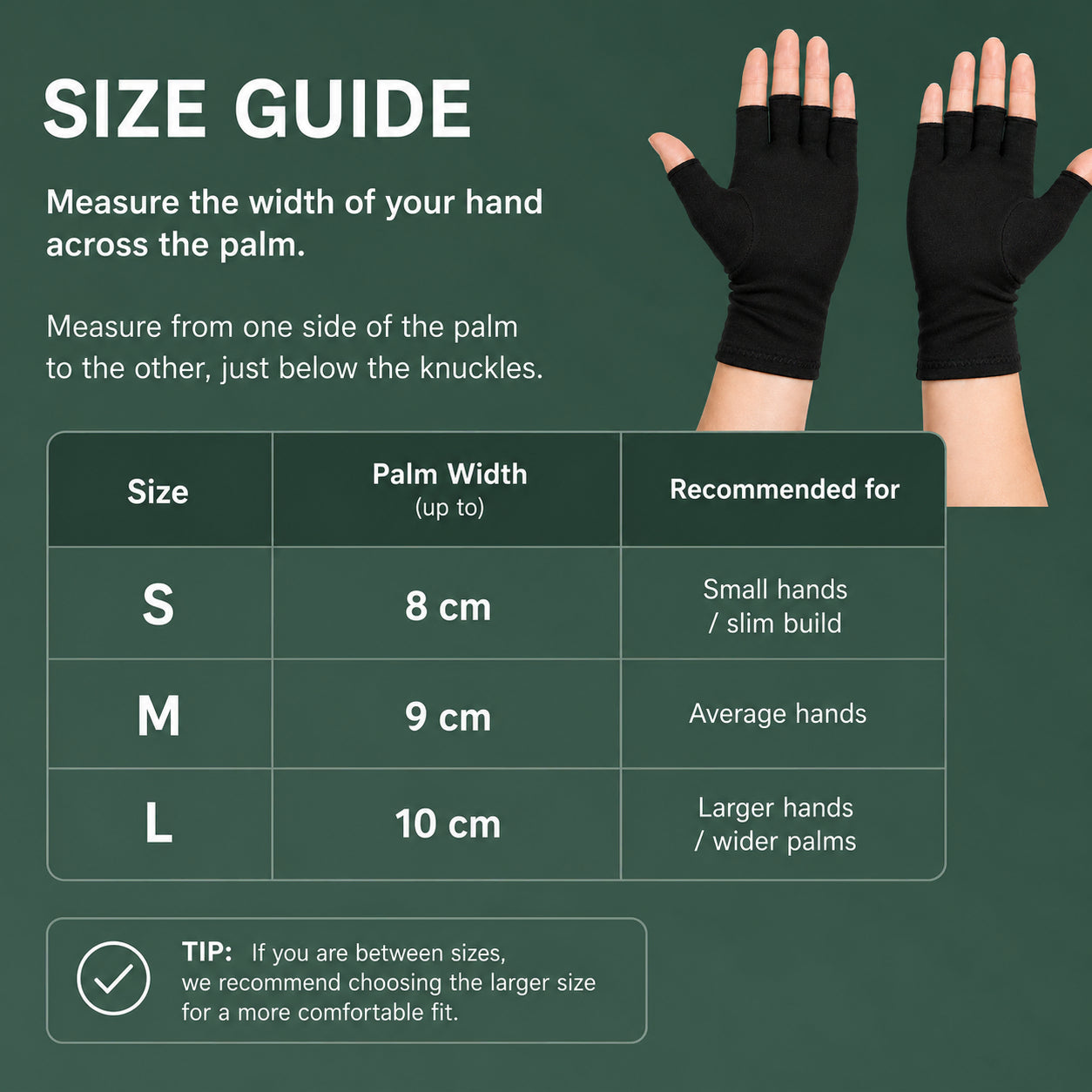 Guide des tailles pour gants de compression sans bouts de doigts avec mesures de la paume et tailles recommandées S, M et L.