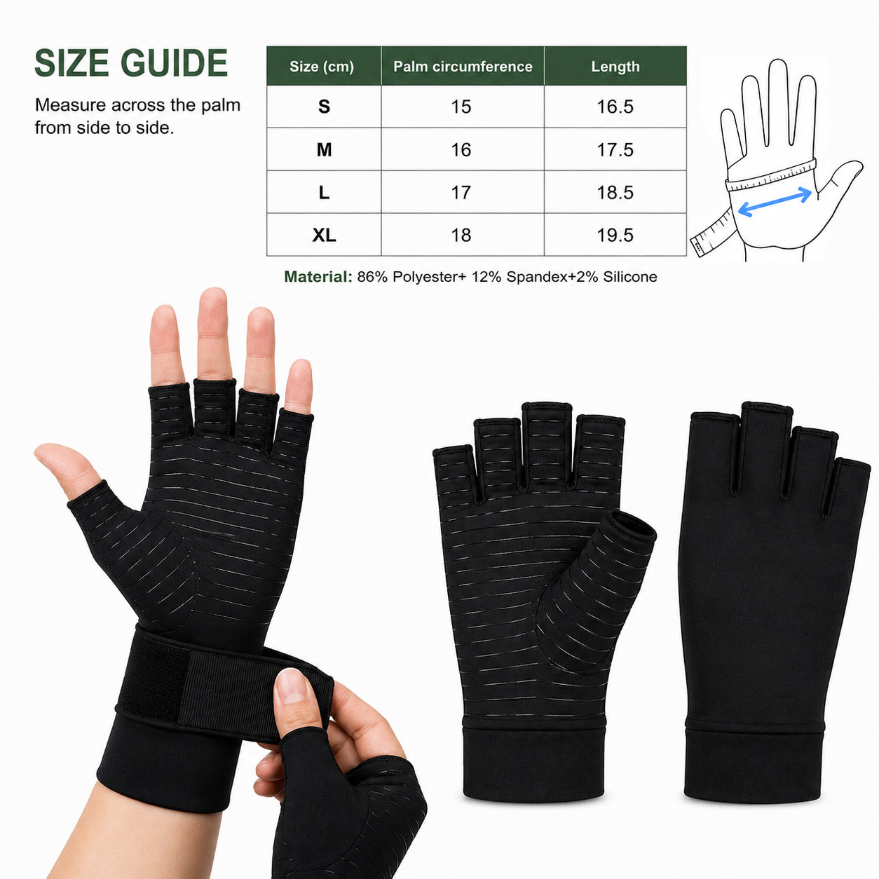 Guide des tailles pour gants de compression avec sangle de poignet et tableau des mesures.