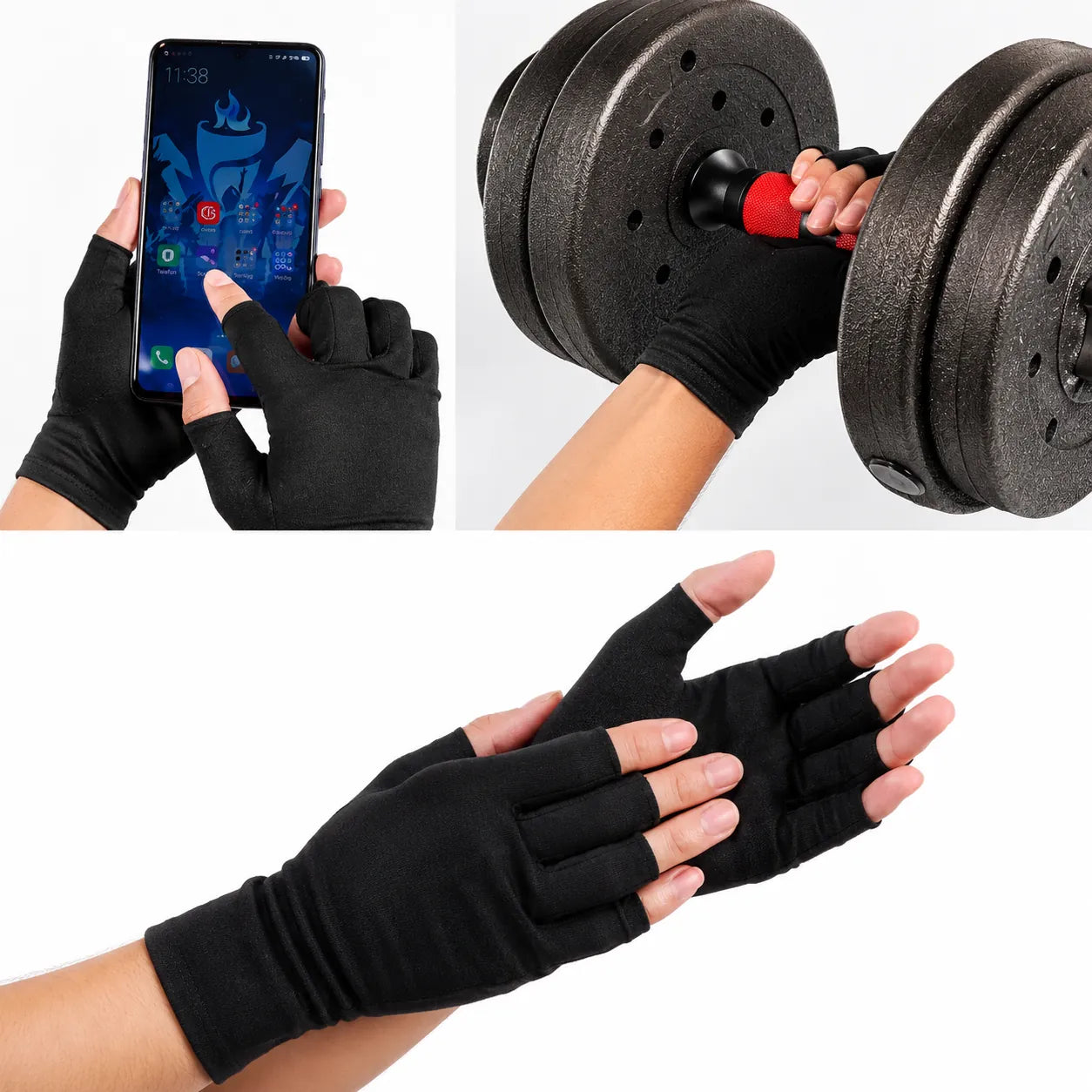 Gants de compression noirs à bouts de doigts ouverts offrant soutien et flexibilité pour l'utilisation du téléphone, l'entraînement et les activités quotidiennes.