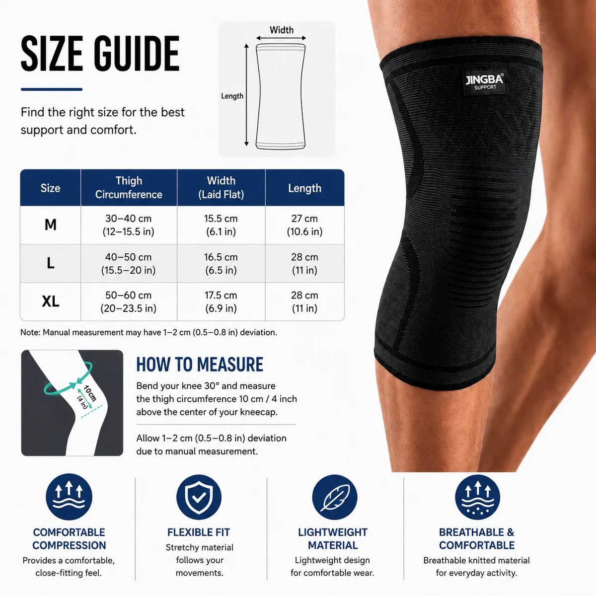 Guide des tailles pour le soutien du genou avec compression 360 avec des dimensions pour les tailles M, L et XL et des instructions pour la mesure.