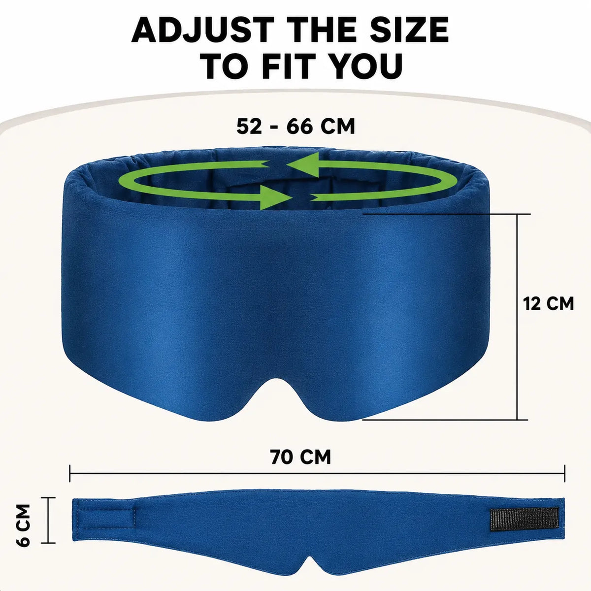 Masque de sommeil occultant luxueux avec taille ajustable et guide des mesures.