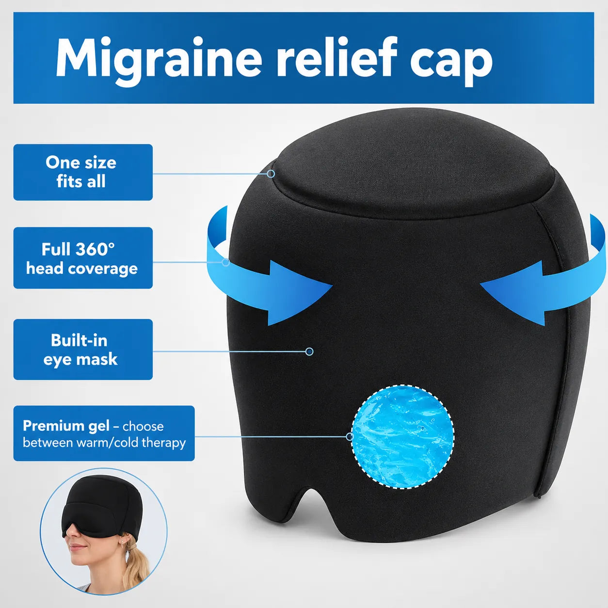 Illustration d'un bonnet anti-migraine noir avec couverture à 360°, masque pour les yeux intégré et gel froid ou chaud pour soulager la migraine et les maux de tête.