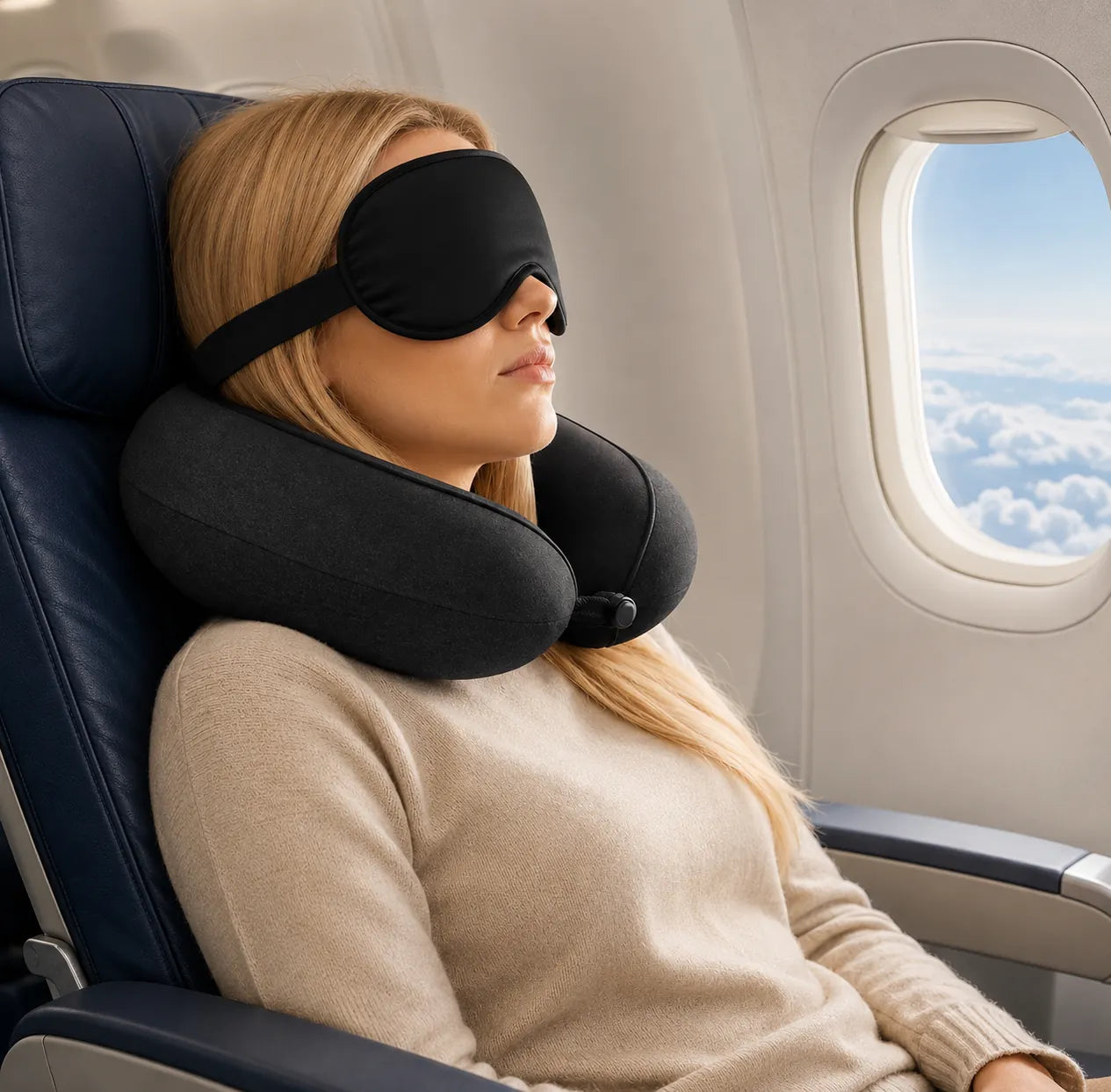 Oreiller de voyage avec soutien ergonomique et masque de sommeil offrant confort et soulagement pendant les vols et les longs trajets.