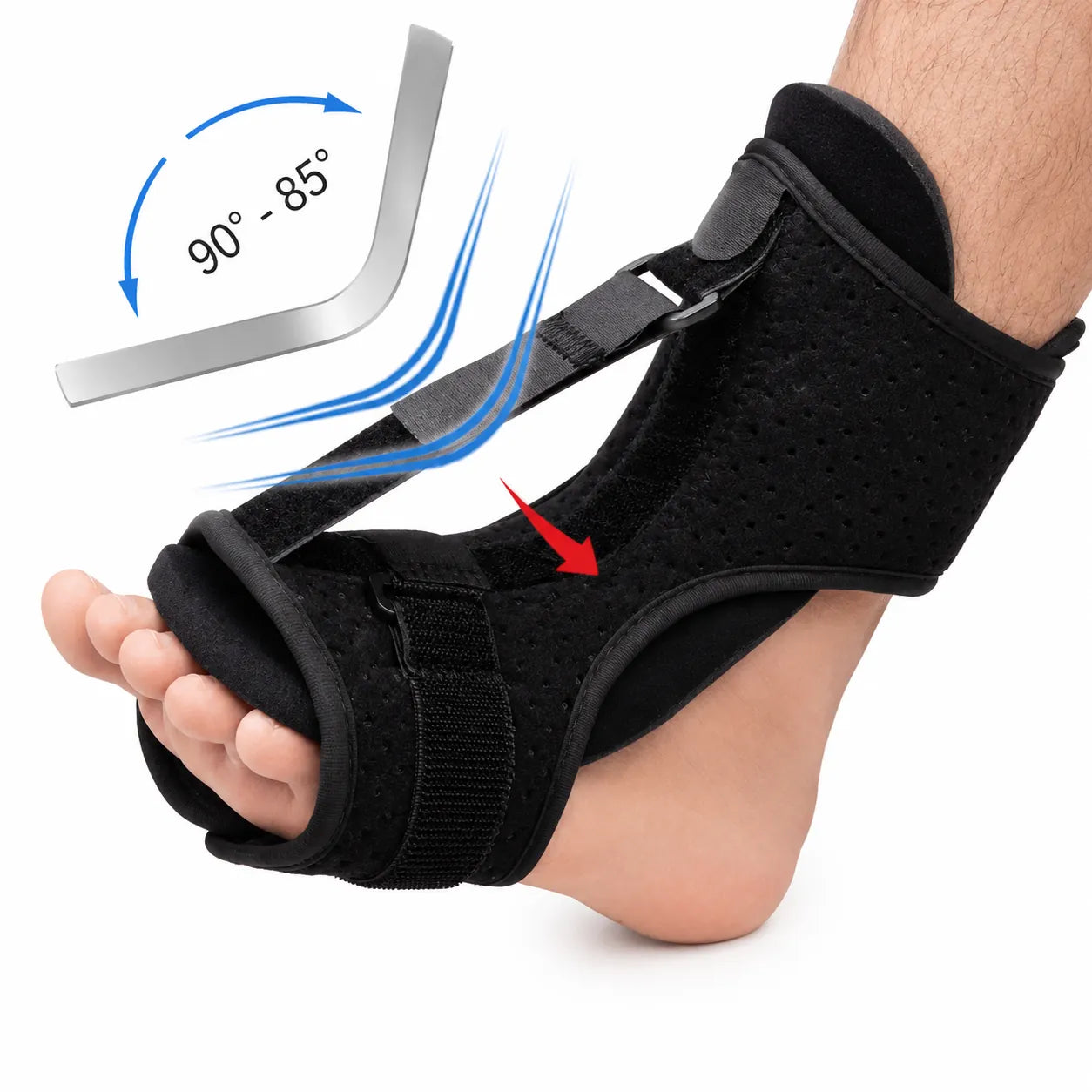 Attelle de nuit contre l'épine calcanéenne avec angle réglable et sangle d'étirement pour le soutien et le soulagement du pied et de la cheville.