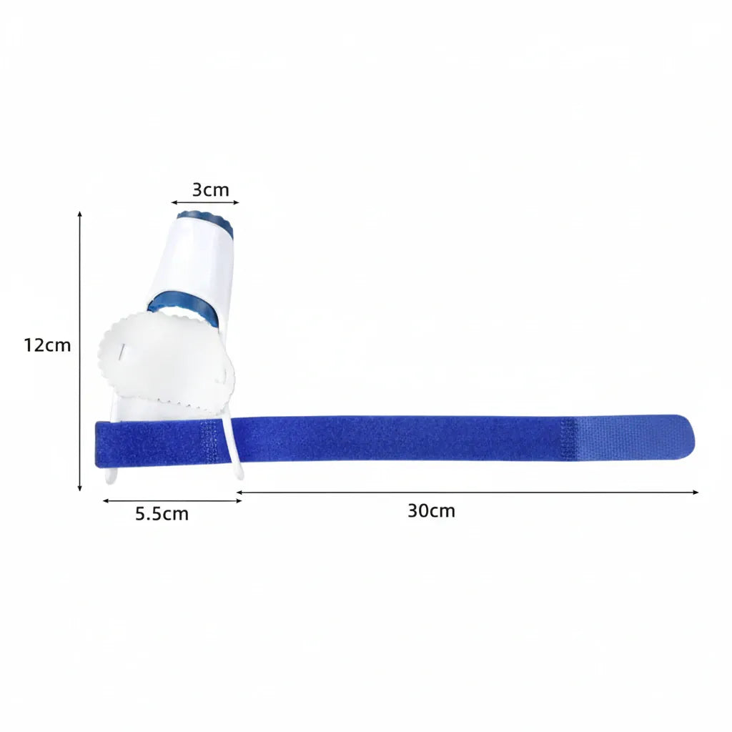 Attelle de nuit pour hallux valgus avec bande réglable et mesures.