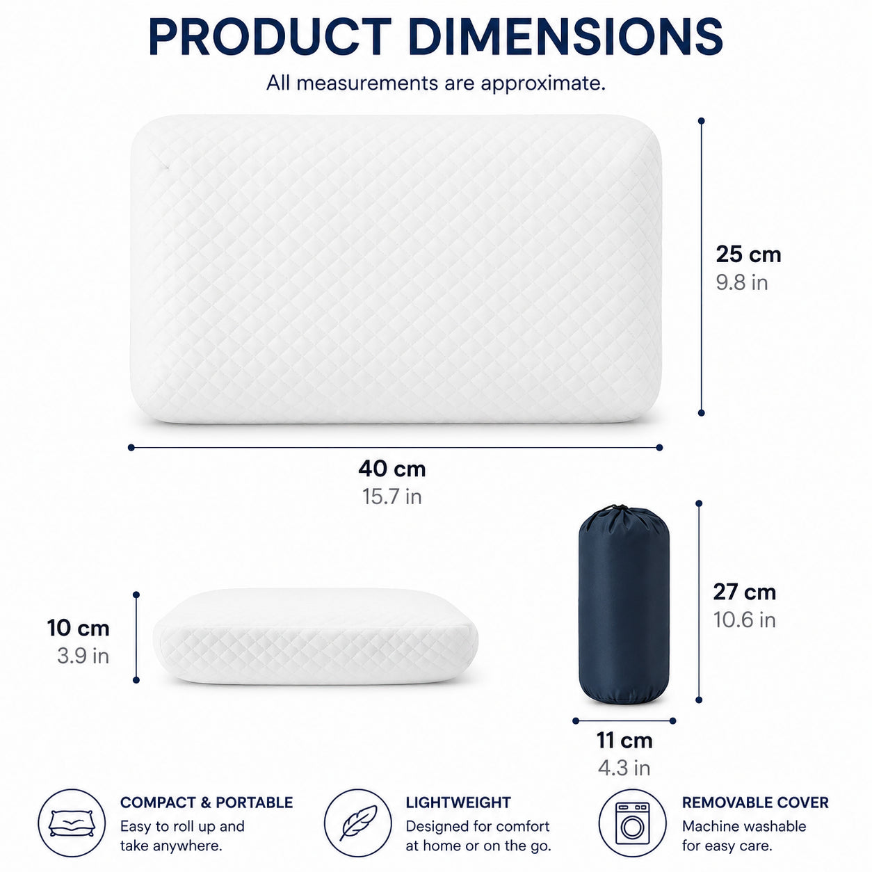 Oreiller orthopédique en mousse à mémoire de forme aux dimensions 40 × 25 × 10 cm, livré avec une pochette de rangement pour un transport facile.