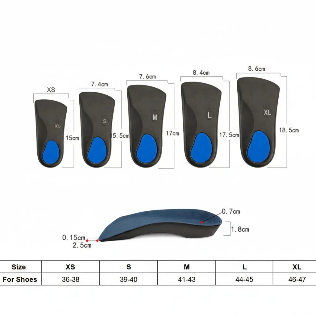Guide des tailles pour semelles anti-pronation avec mesures et pointures recommandées.