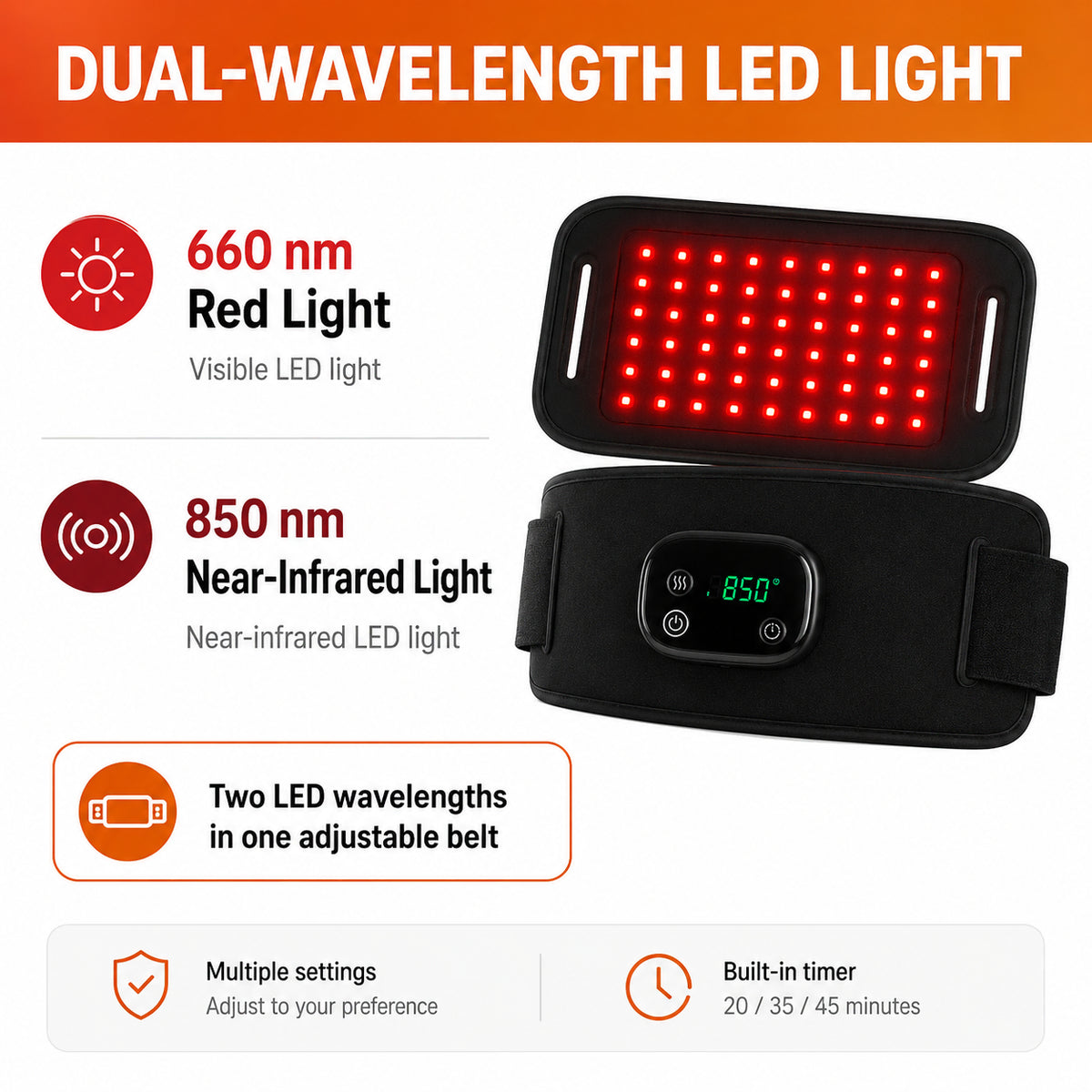 Ceinture lumineuse rouge avec lumière LED en 660 nm et lumière proche infrarouge en 850 nm et ajustement réglable.