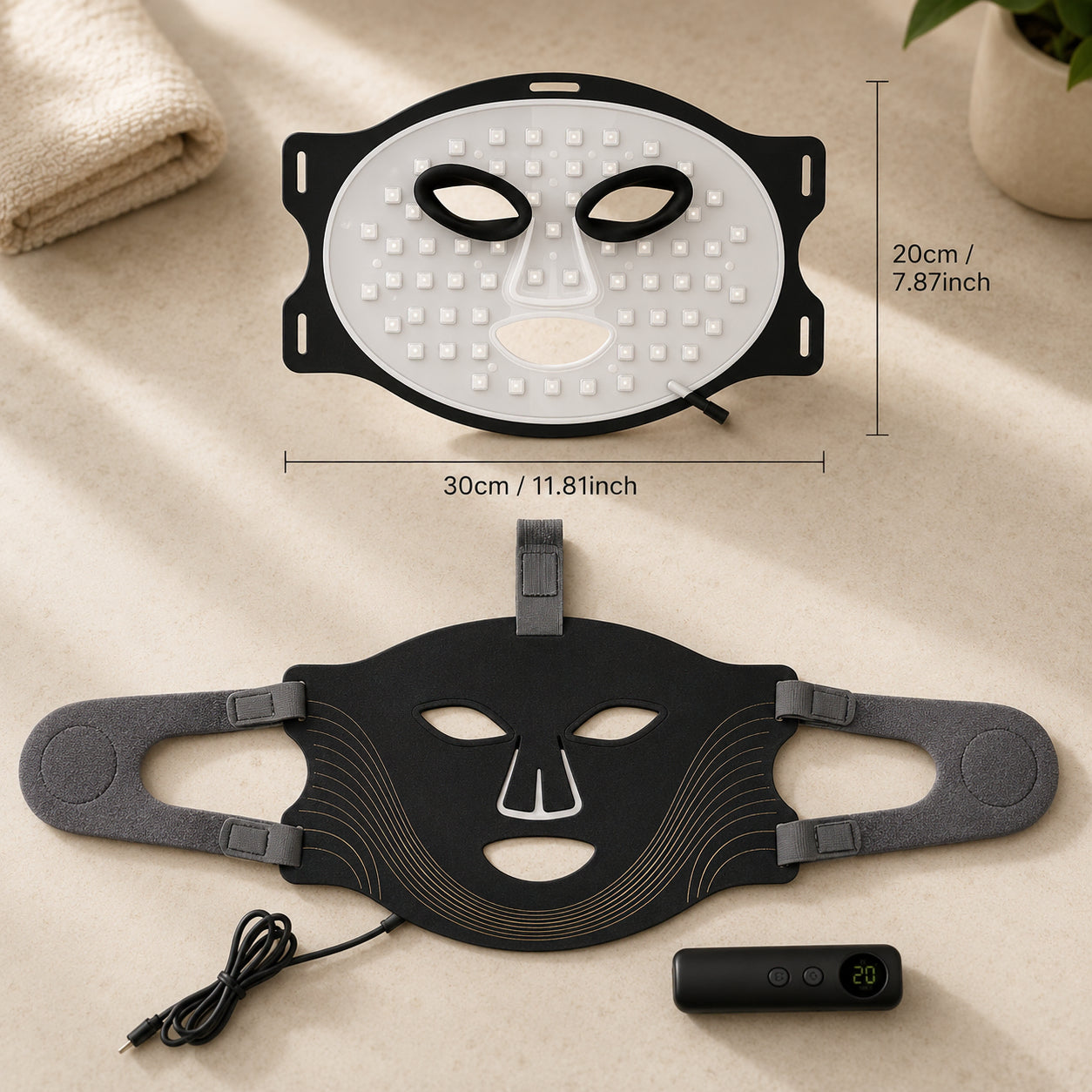 Masque LED à lumière rouge pour le visage avec dimensions, sangles réglables et télécommande.