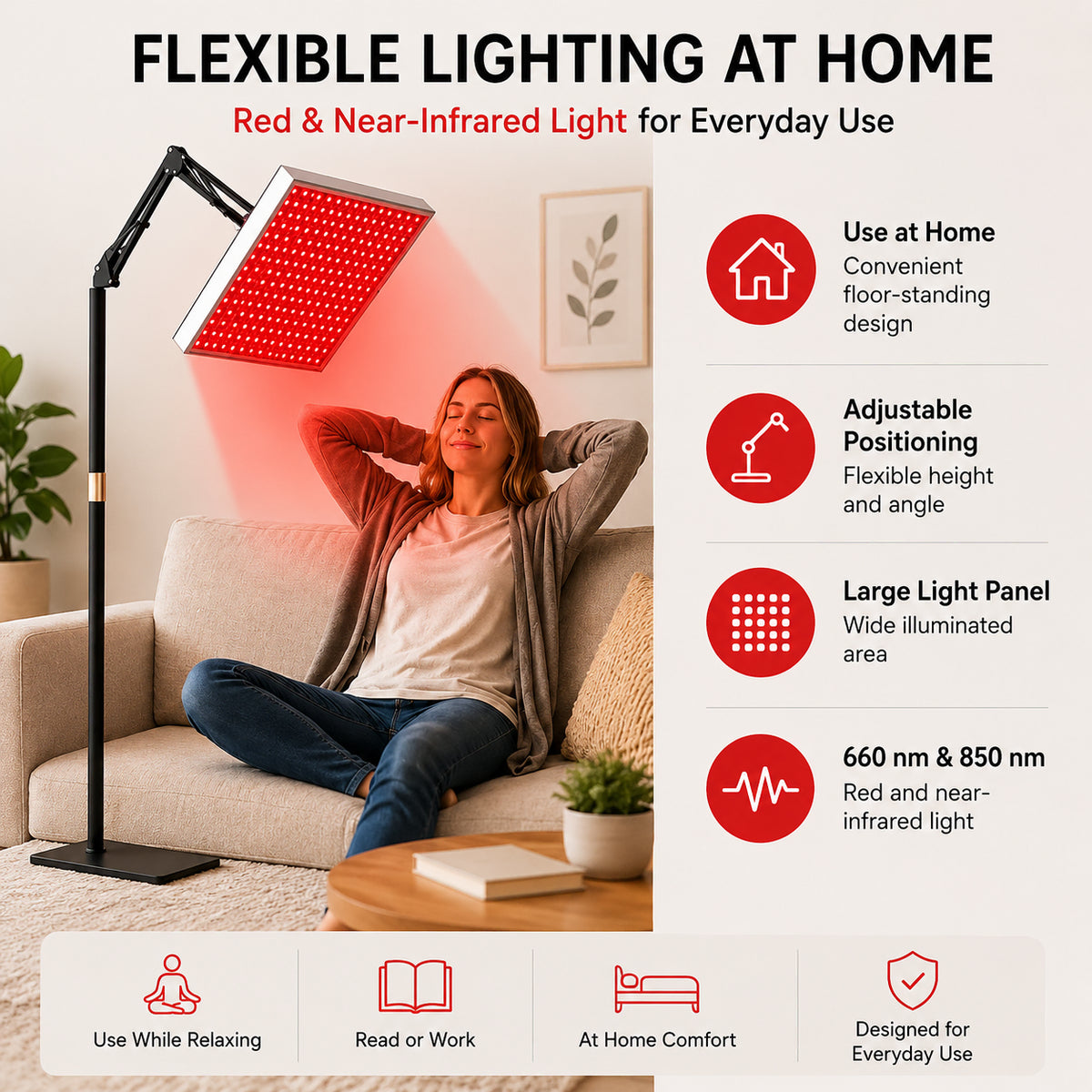 Lampe à lumière rouge avec pied de sol et lumière de 660 nm et 850 nm pour une utilisation flexible à la maison.
