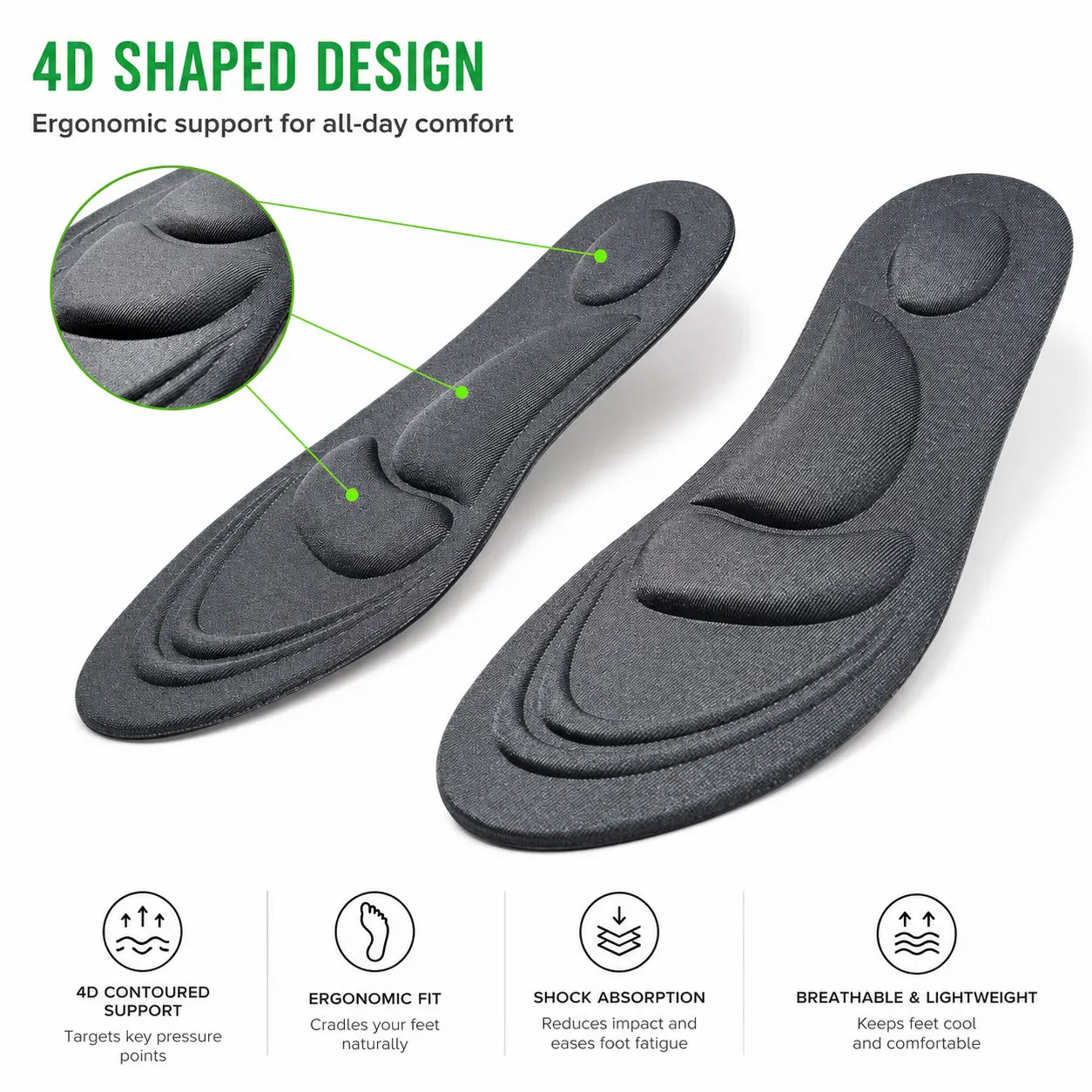 Semelles ergonomiques avec soutien 4D, amorti et soulagement de la voûte plantaire pour un confort accru à la marche, au travail et à l'entraînement.