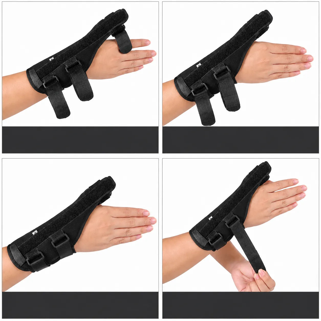 Guide étape par étape montrant comment mettre et ajuster l'attelle de poignet avec soutien du pouce à l'aide des bandes velcro.