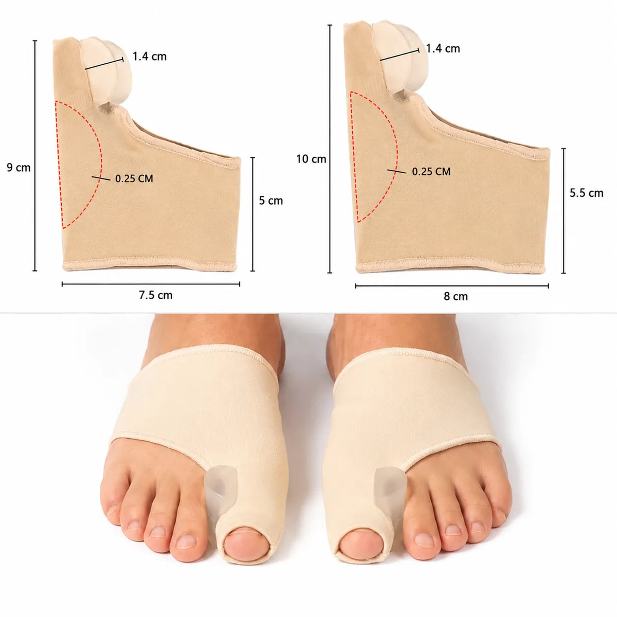 Guide des tailles pour soutien d'hallux valgus avec écarteur d'orteils intégré montrant les dimensions pour différentes tailles et comment le soutien se porte sur le pied.