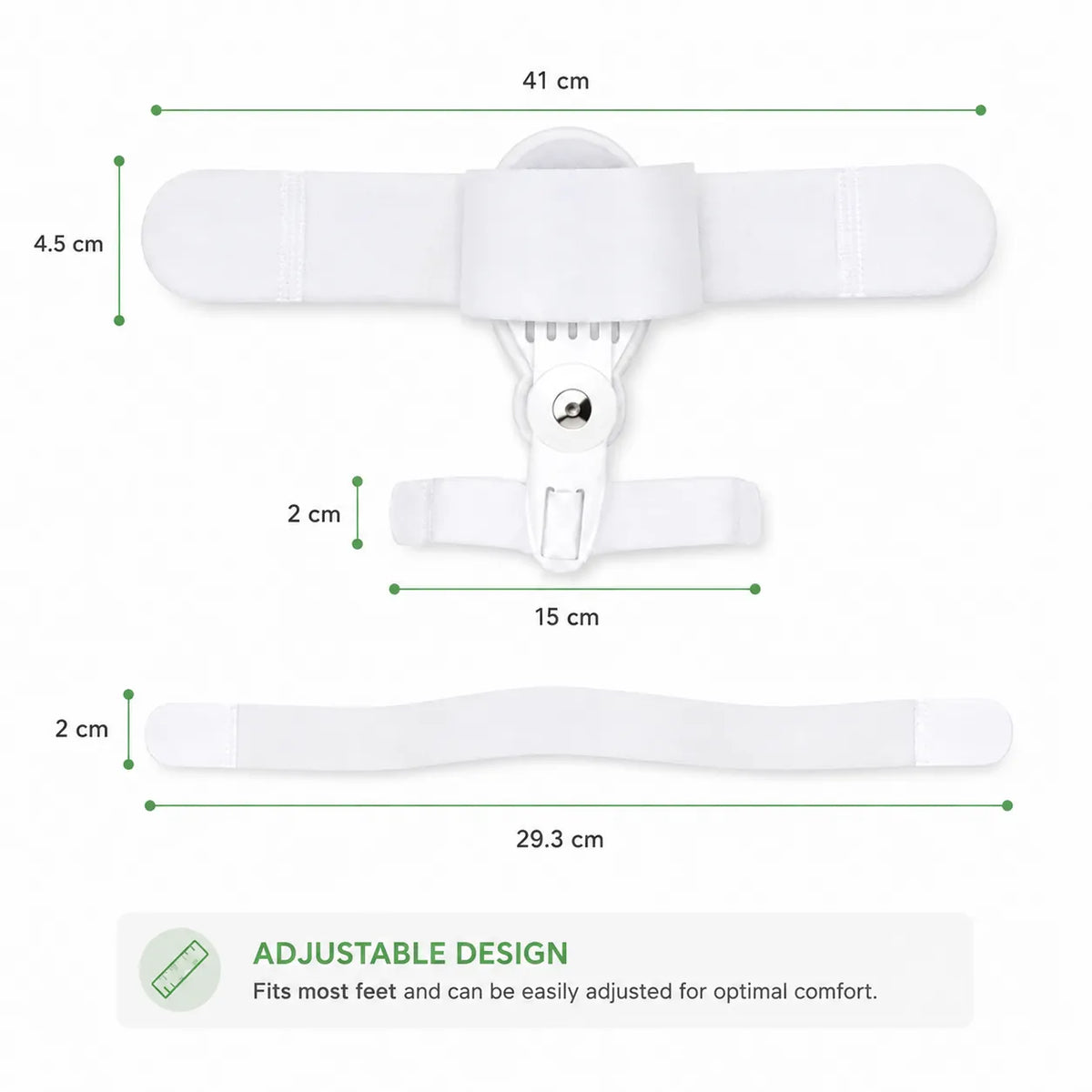 Guide des tailles montrant les dimensions et le design réglable du correcteur d'hallux valgus avec attelle articulée pour le gros orteil.