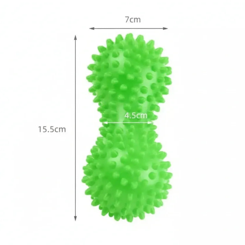 Image des tailles de la balle de massage à picots en forme de cacahuète, avec dimensions.