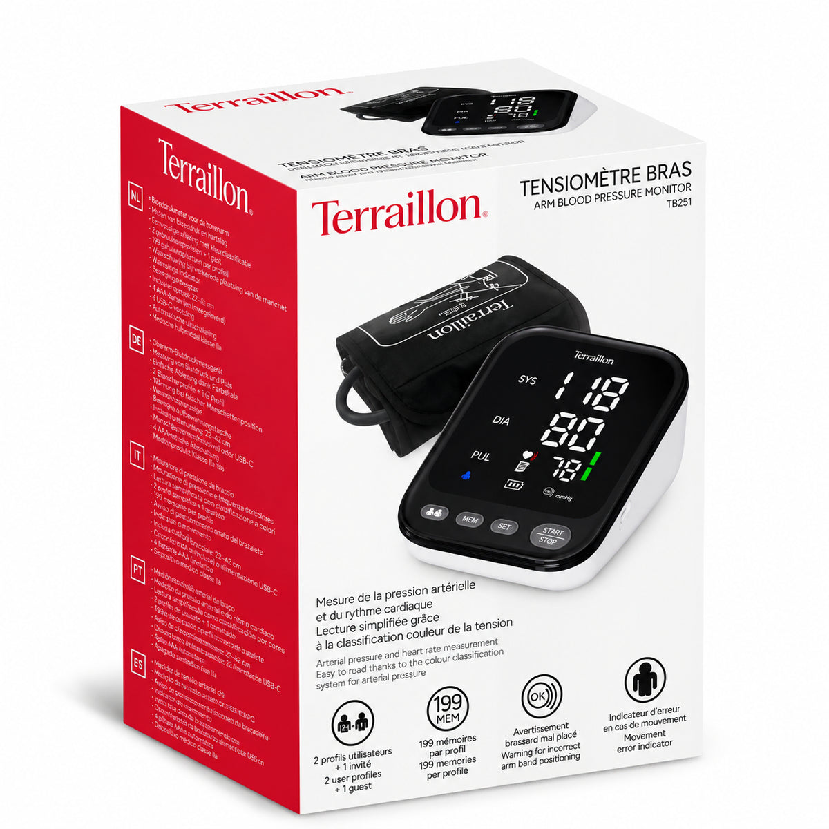 Terraillon TB251 blodtrycksmätare för överarmen i originalförpackning med produktbild och information om funktioner.