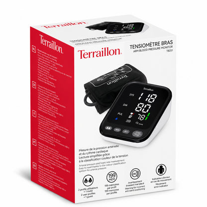 Terraillon TB251 blodtrycksmätare för överarmen i originalförpackning med produktbild och information om funktioner.