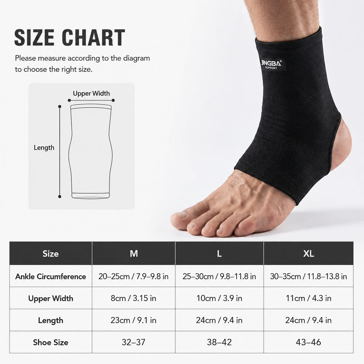 Guide des tailles et mesures pour chevillère de compression avec tableau des tailles.