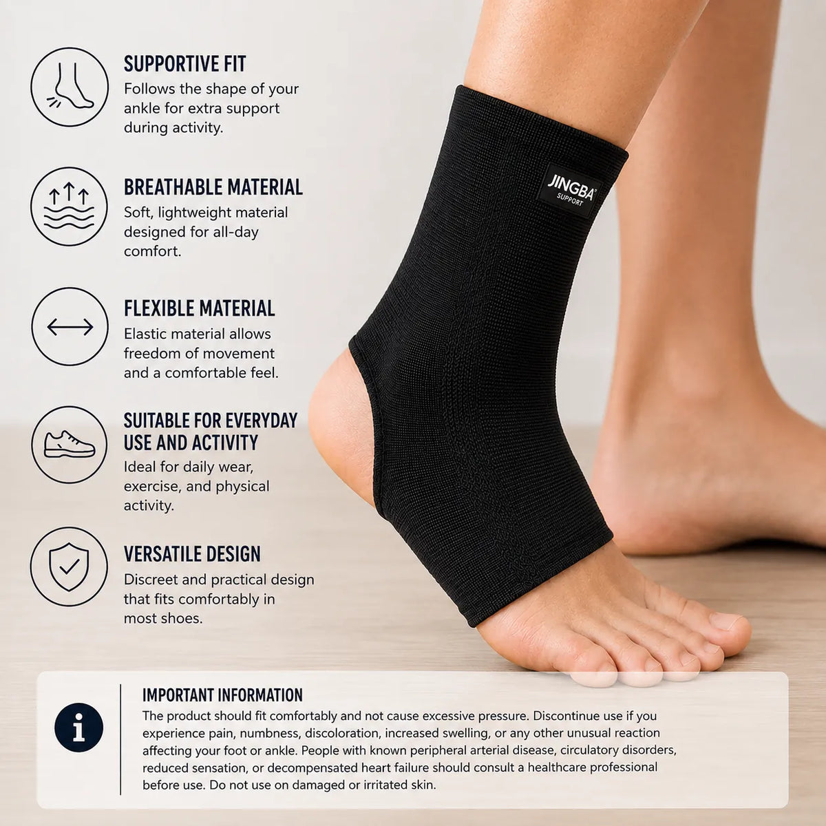 Chaussette de maintien respirante avec maintien de la cheville en matière élastique noire pour le quotidien et l'activité physique.