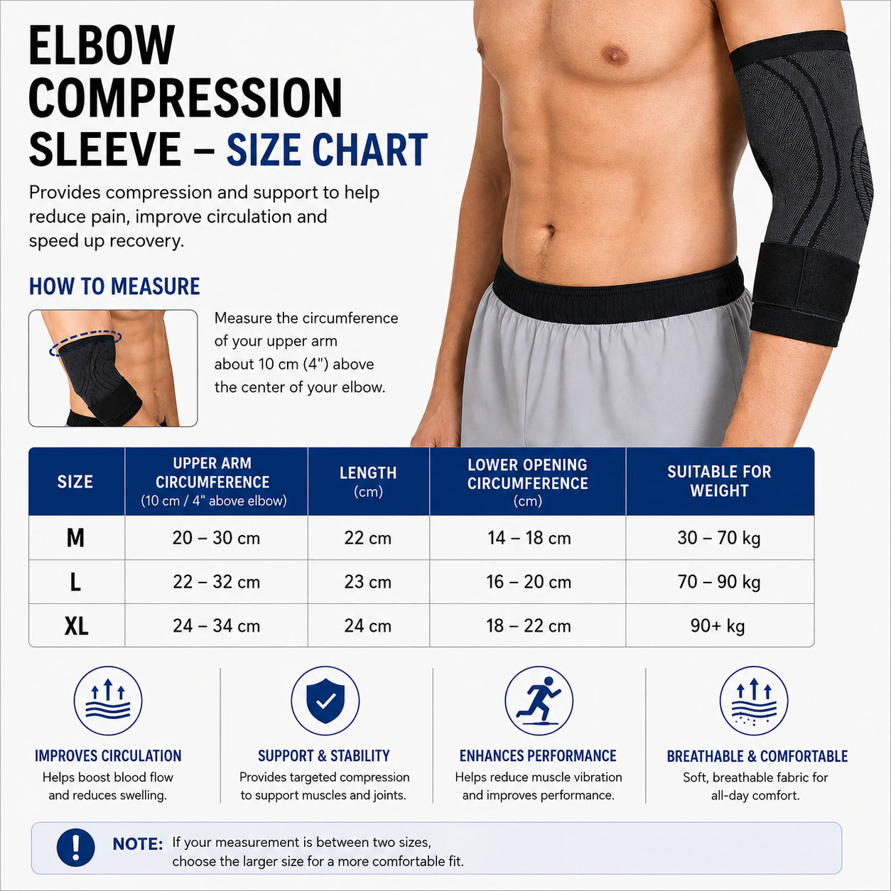 Guide des tailles et présentation du produit pour manchon de compression pour coude avec tableau des tailles.