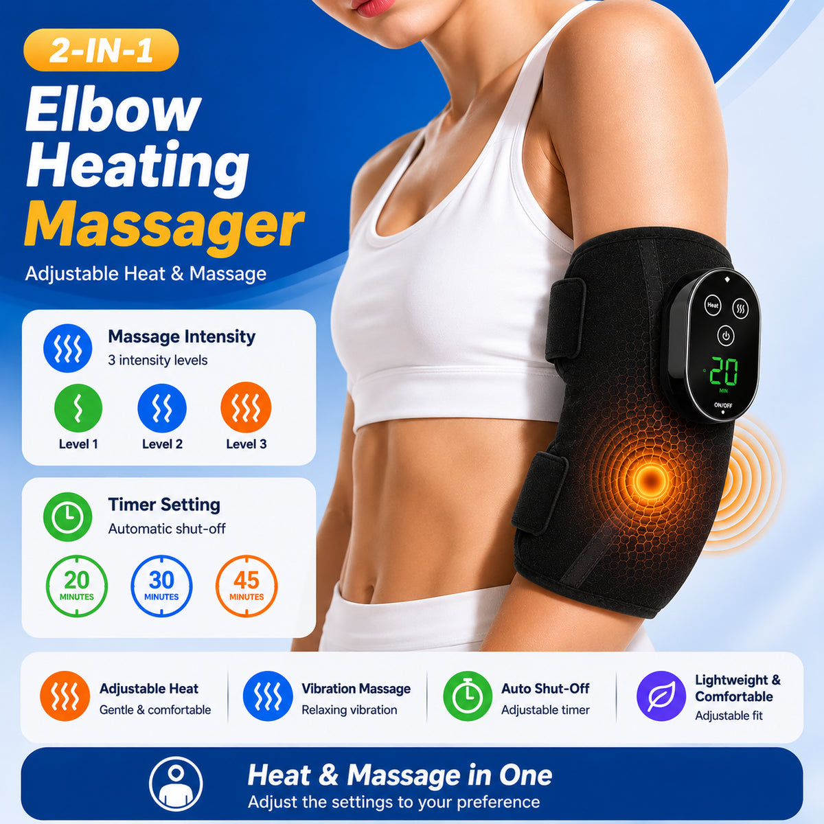 Support de coude avec fonction réglable de chauffage, de massage vibratoire et de minuterie.