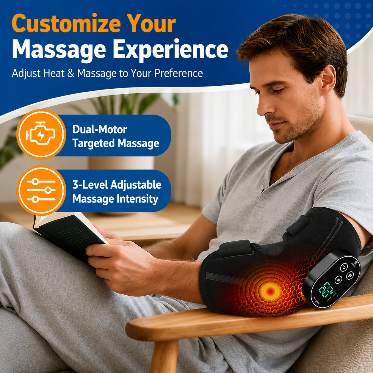 Vous utilisez un support de coude avec un massage réglable à la chaleur et aux vibrations pour un moment de calme.